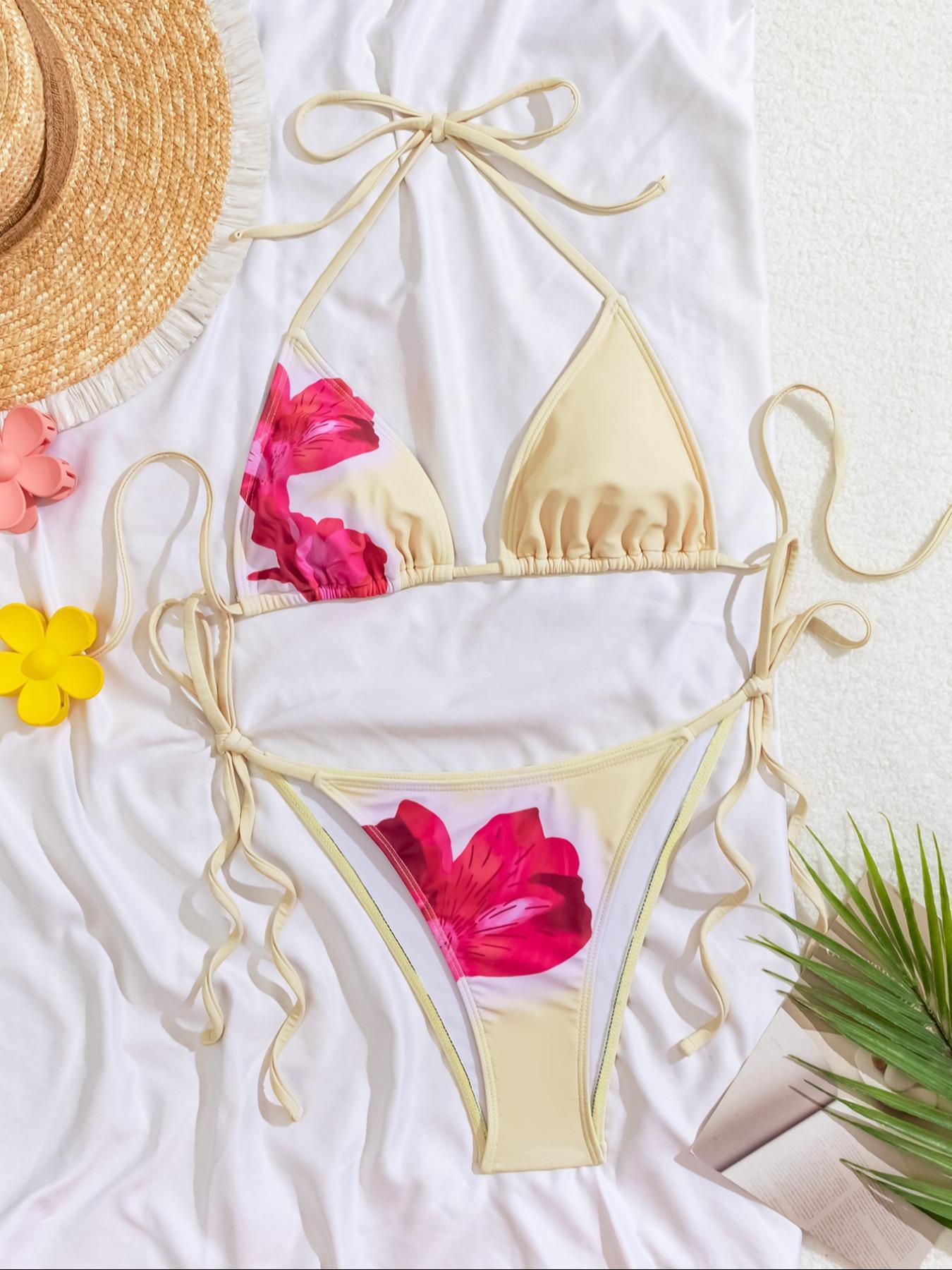 Two-piece Set Women's Striped / Floral  Print Bikini Set, Casual Fashion Chic Swimwear Set for Beach Holiday Vacation, Ladies Swimsuit for All Seasons