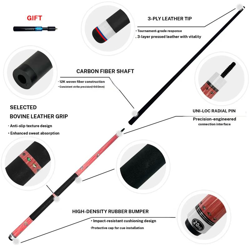 2026 new design billiard cue. Inlaying technique carbon fiber 1/2 billiard cue comes with a cue box and accessories. It features a 58 inch, 11.8mm cue tip Comes with cue case + leather tip + gloves + towel + chalk