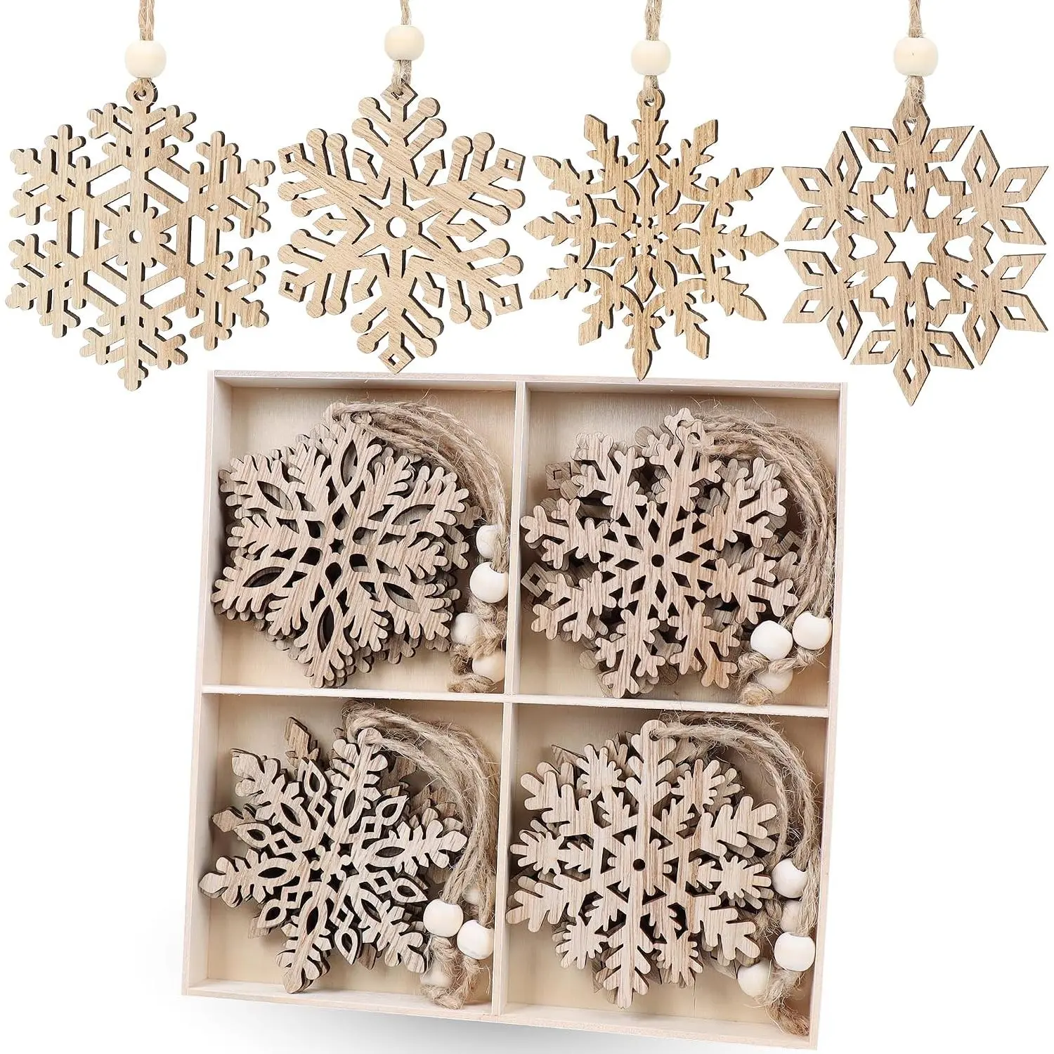 16 count Wooden Snowflake Ornaments, 3inch Rustic Snowflakes Christmas Ornaments for Crafts Christmas Tree Boho Winter Decoration Gifts 8 Styles