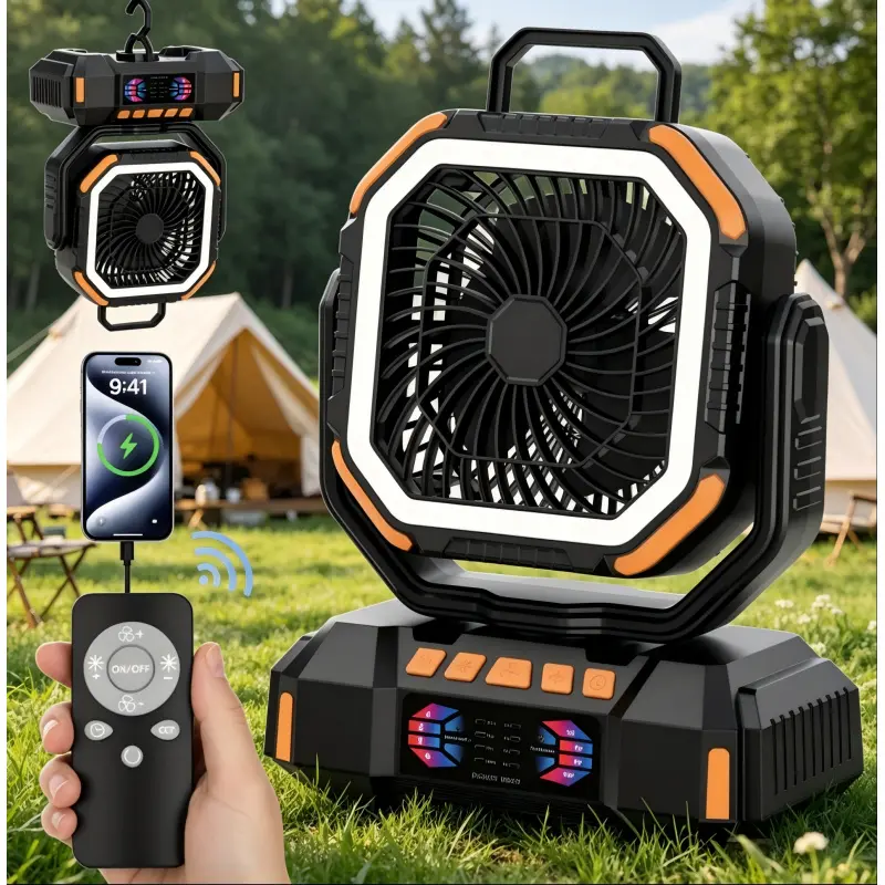 40000mAh rechargeable cordless camping fan with remote & LED lamp. 4-speed powerful wind, long-lasting battery. Perfect for camping, fishing, worksite and blackout emergency, nice outdoor gift, Portable cordless fan
