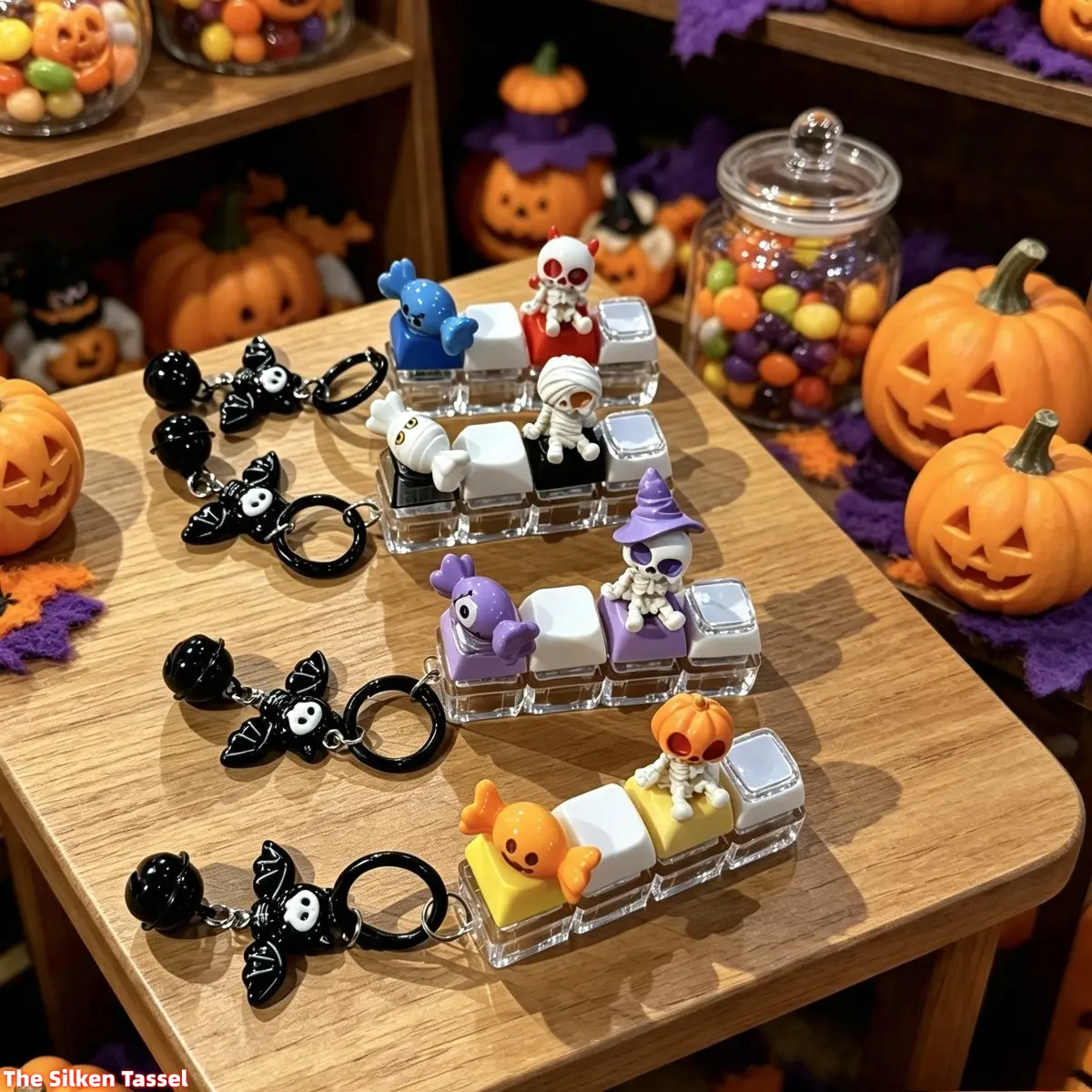 Halloween 3D Artisan Mechanical Keyboard Keycaps Set, Mummy Devil Skeleton Witch Pumpkin Ghost Custom Keycap With Bat Bell Keychain Gift Decoration
