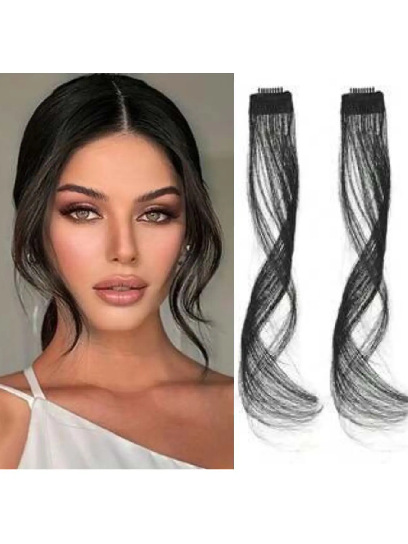 Long Side Air Bangs, Wavy Curly Clip in Synthetic Hair Curtain Bangs Front Side Bangs Face-Framing Highlights for Women Daily Use 2 PCS Set Long Temples