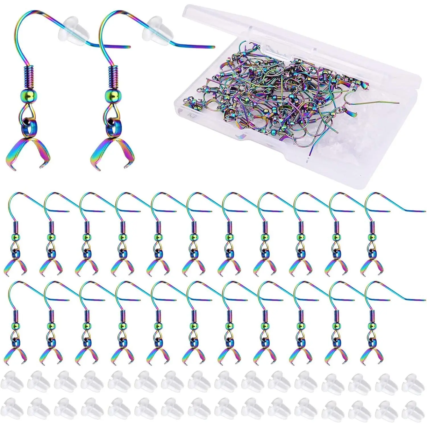 50pcs Stainless Steel Earring Hooks Hypoallergenic Pendant Clasp Ear Wire Earrings with 50pcs Clear Bullet Earring Backs and a Box for DIY Jewelry Making Wedding Party Gifts