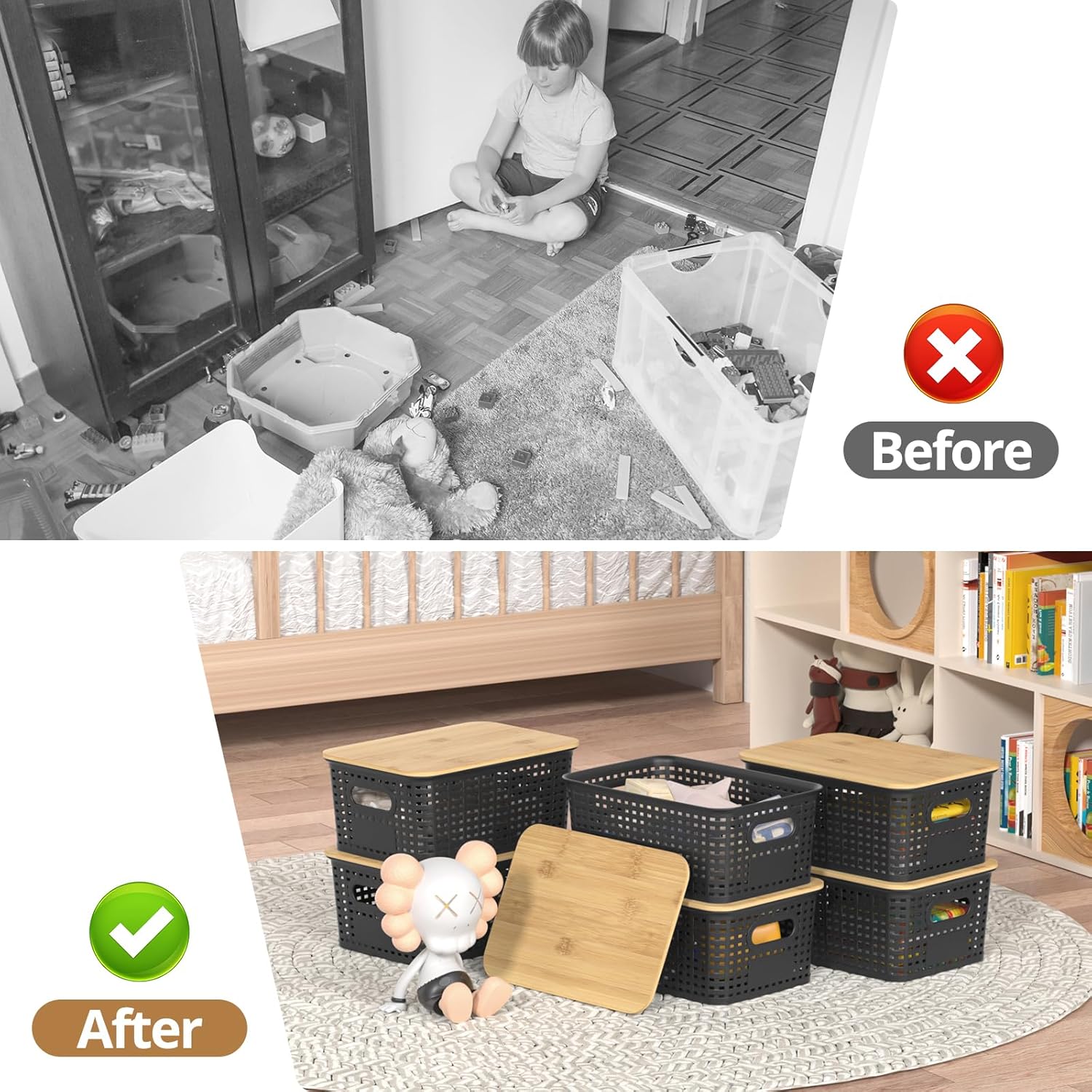 Plastic Storage Baskets with  Lids, Stackable Small Box Bins for Organizing and Containers for Shelves Drawers Desktop Closet Pantry Classroom Office Home, 6 Pack 10.2x7.2x4.1 Inch, Black