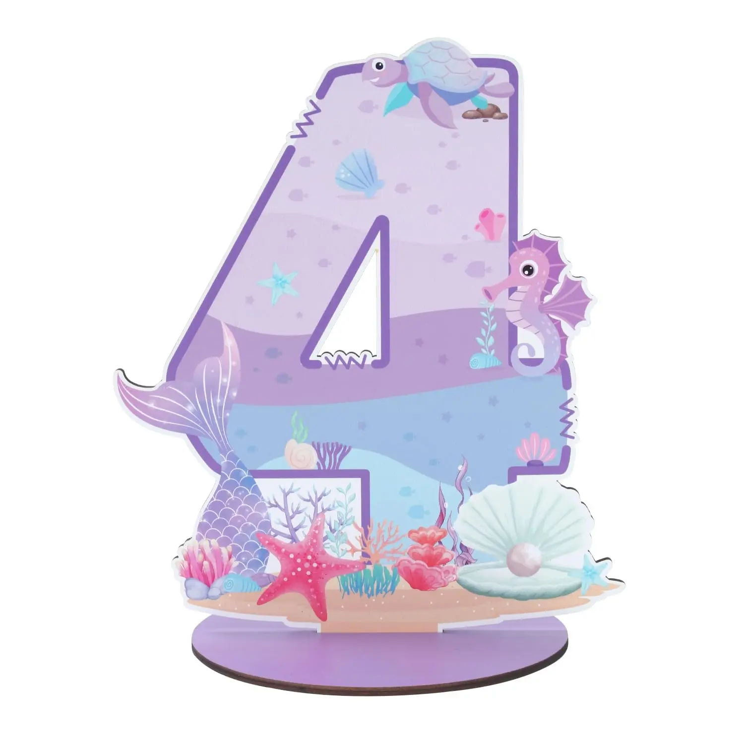 Wooden Number 4 Mermaid Under Sea Tabletop Centerpiece Sign, Purple Turtle Seahorse Starfish Ocean Wood Table Decor, Mermaid Theme Girls 4th Birthday Party Mantel Desk Decoration Supplies
