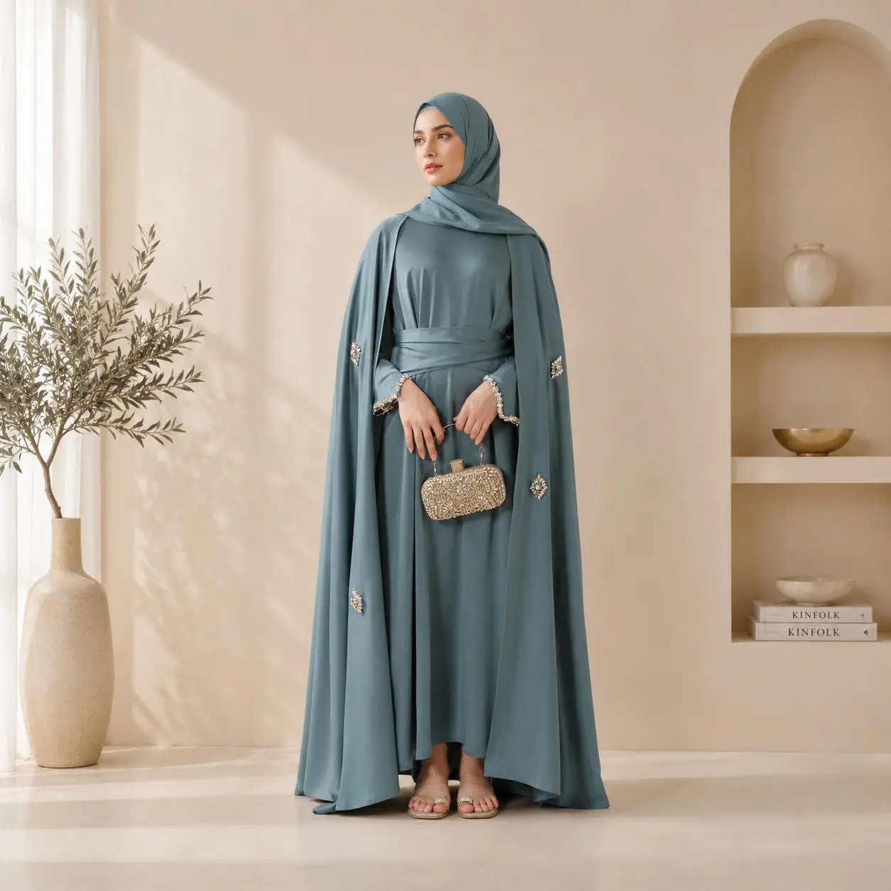 Rhinestone Cape Abaya Set 3 Piece Haute Couture Luxury Wedding Gala (MOA067)