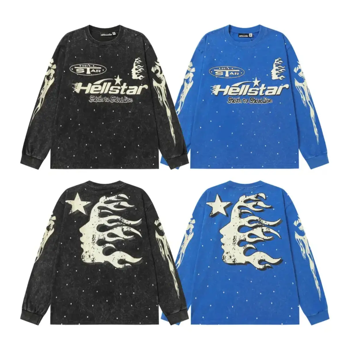 HELLSTAR Certified Professional Y2K Premium Quality Klein Blue Flaming Face Sleeve Print Splatter Long Sleeve T-Shirt, Graphic Streetwear Tee for Men, Standard Fit Hip Hop Grunge Style