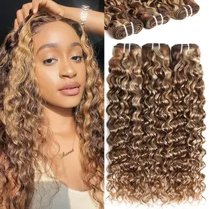 4/27/613 Water Wave Bundles Human Hair Highlight Ombre Brown Honey Blonde 613 Bundles Hair Weave Bundles for Sew In and Quick Wave Human Hair Extensions 100% Human Hair Extensions Colored Human Hair Bundles