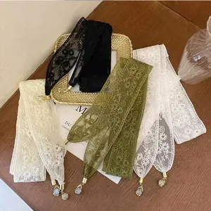 Women Hair Ribbon French Pendant Lace Braided Green Color Simple Hair Band Chic Headwear Hollowed-out Exquisite Flowers Hair Tie