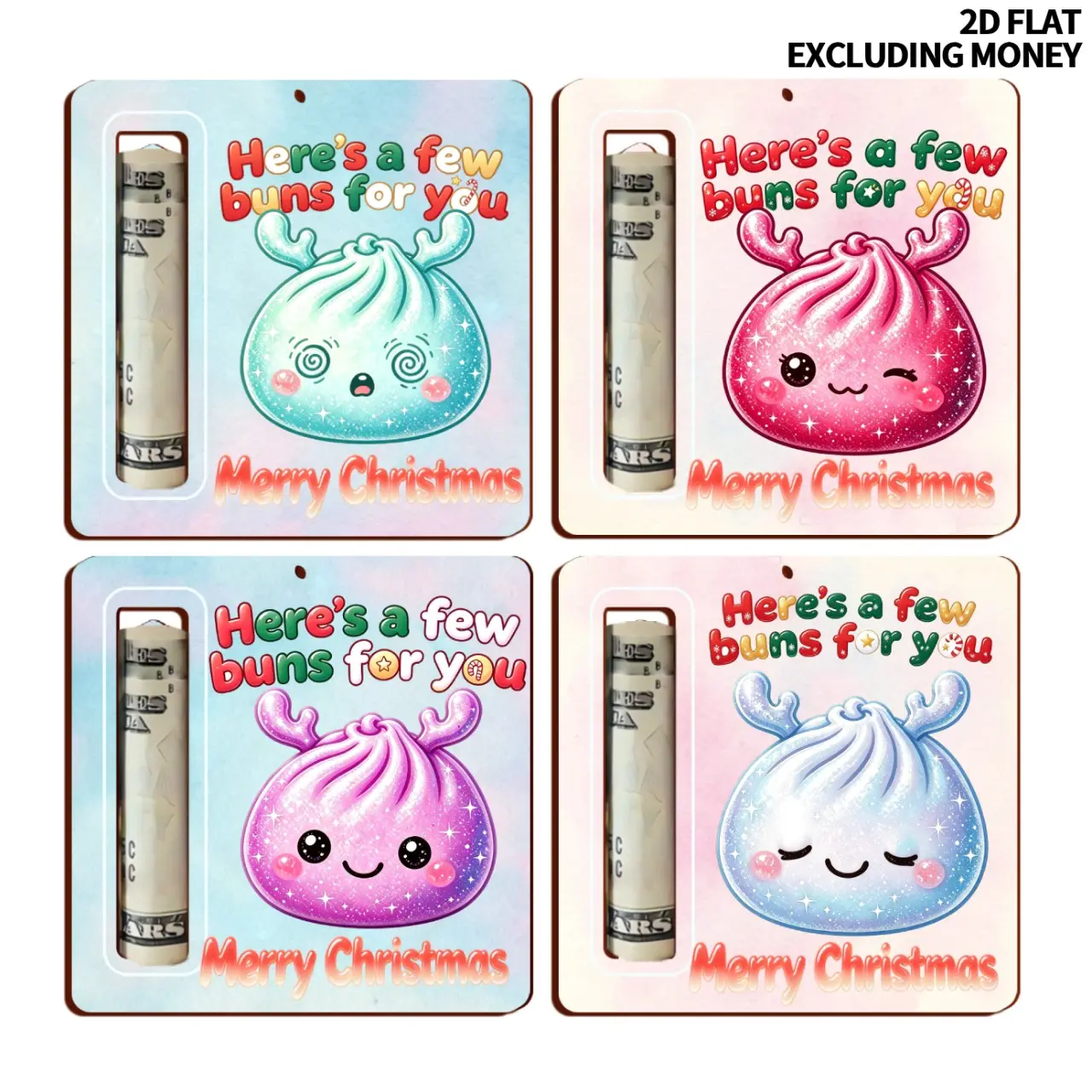 2D FLAT Printed Christmas Ornaments - Festive Money Holder Decor for Holiday Trees - Adorable Cash Gift Card Ornaments with Cute Buns Design - Perfect Christmas Gift for Family, Friends, Sons & Daughters | Ideal for Christmas Stocking Stuffers