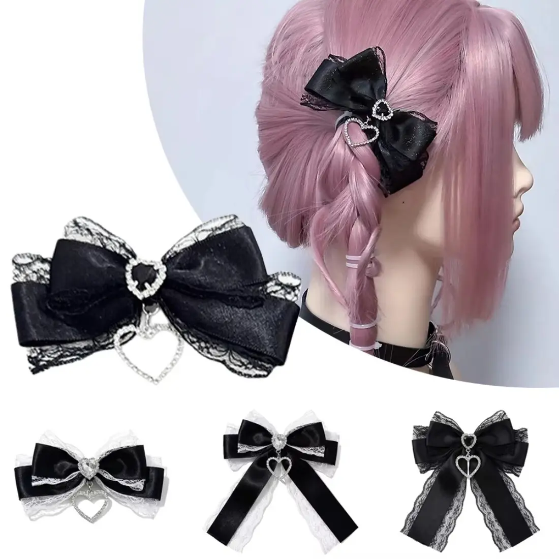 Y2K Gothic Lace Bow Hair Clips, Coquette Aesthetic Hair Accessories for Women & Girls, Harajuku Lolita Hairpins, Cute Double Ponytail Bows, Kawaii Fashion Clips for School, Party, Cosplay & DIY Bag Charm Decor