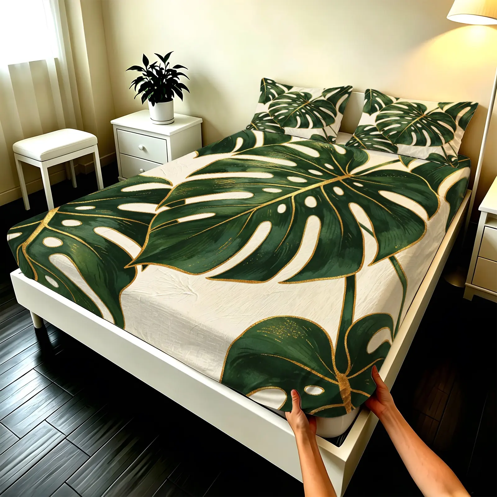 3PCS Fitted Sheet Set Hand Painted Gilded Outline Monstera Leaf Print, Soft Microfiber, Deep Pocket Wrinkle Resistant, for Home Bedroom Dorm, Multi Colors