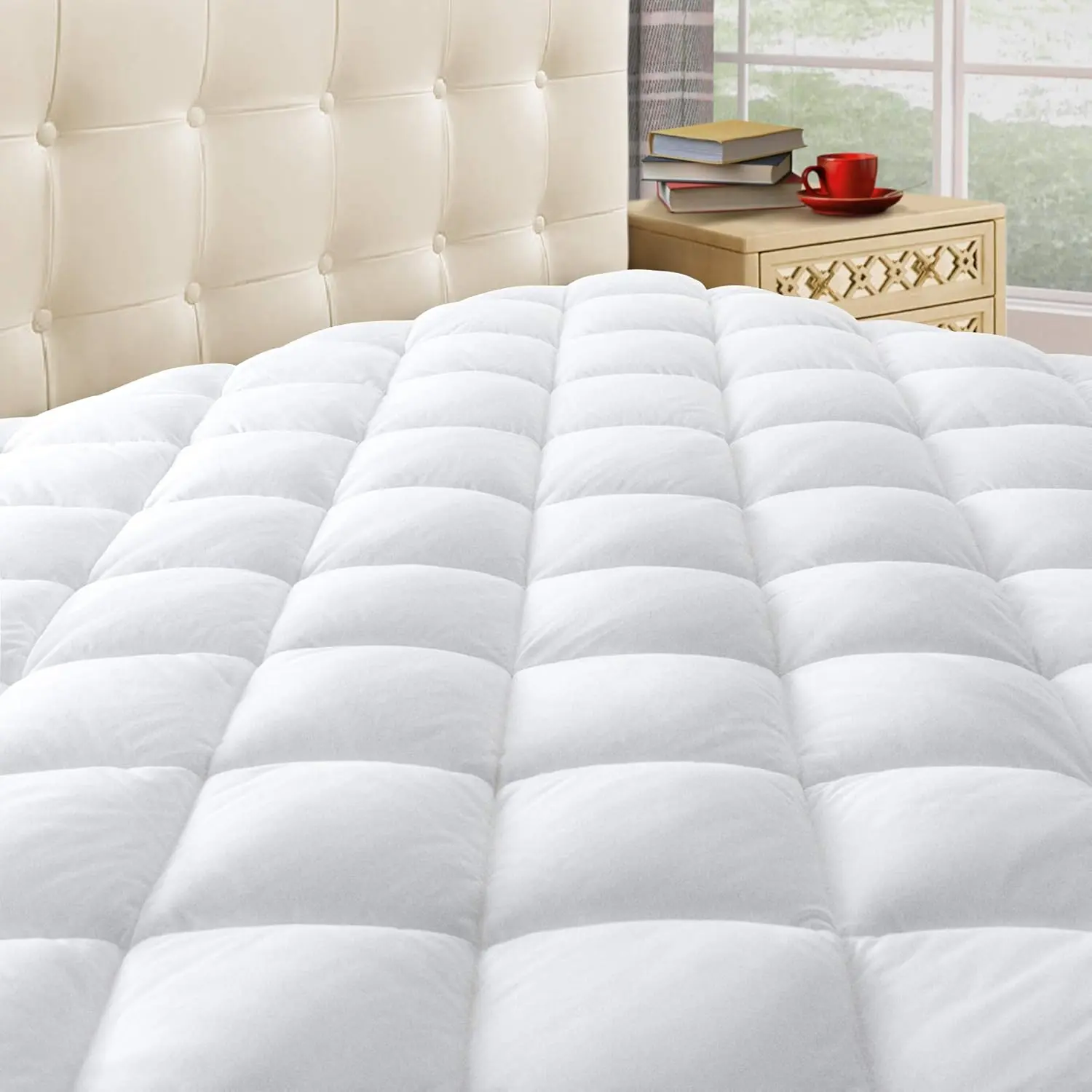 King Quilted Mattress Pad Cover with Deep (8"-21"), Cooling Soft Pillowtop Mattress Cover, Down Alternative Mattress Protector Topper, White