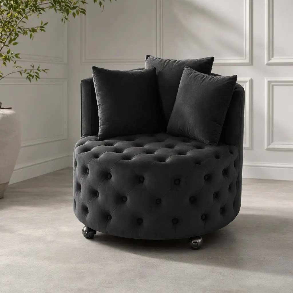 ARCH Velvet Cover Swivel Armchair - Button Tufted, Compact, Portable Single Seat Tub Chair with 3 Pillows, 4 Universal Caster Wheels, 26x30x30", 250 lbs Capacity, Supportive Sitting, Body-Friendly Padded Seat, Assembly Required for Office Use