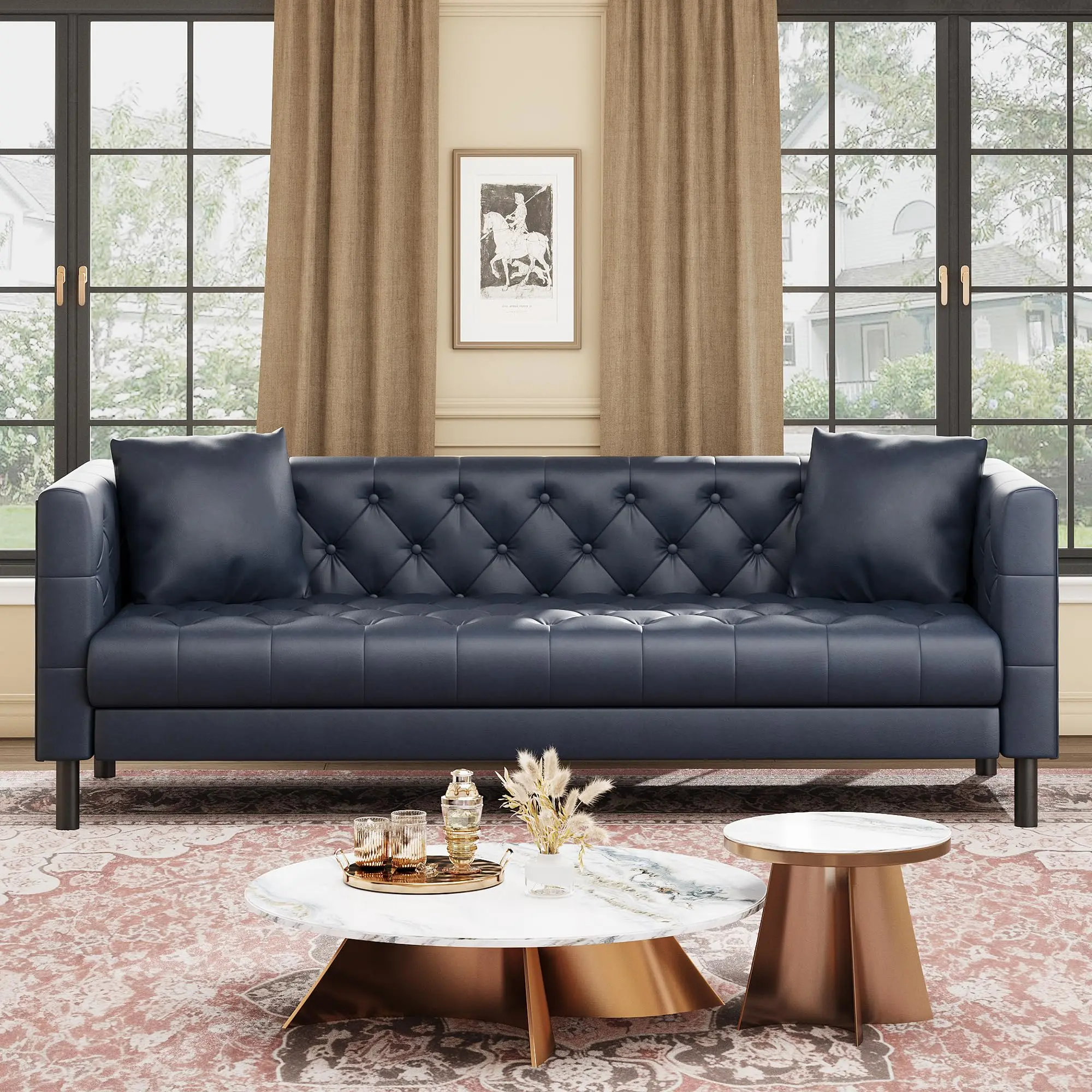 Garvee 81" Handmade Button Tufted Leather Chesterfield Sofa, 3 Seater with Deep Seat and 2 Pillows, Blue Leather Couch for Living Room, Apartment, or Office