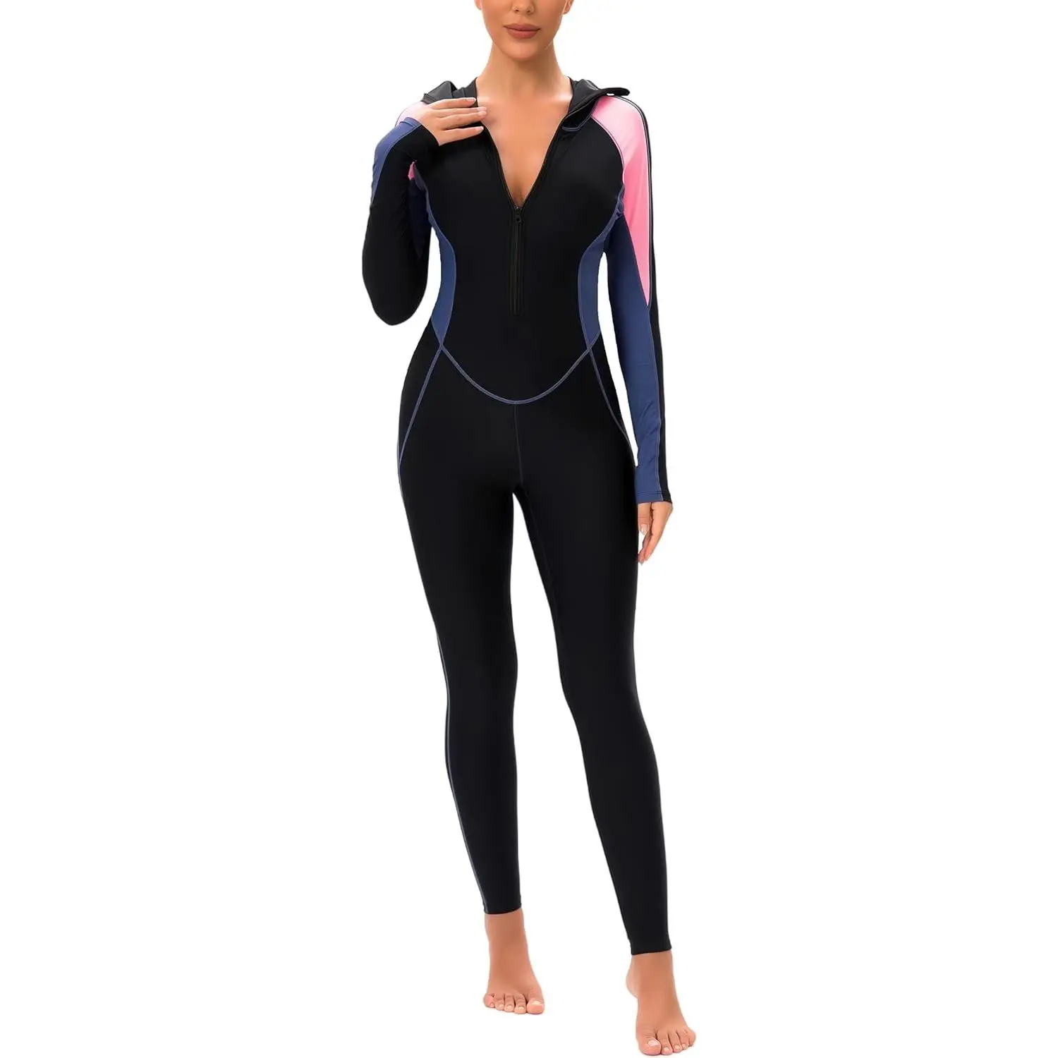 Women's Hooded Full Body Dive Skin One Piece Zip Up Long Sleeve Diving Suit Scuba Rash Guard