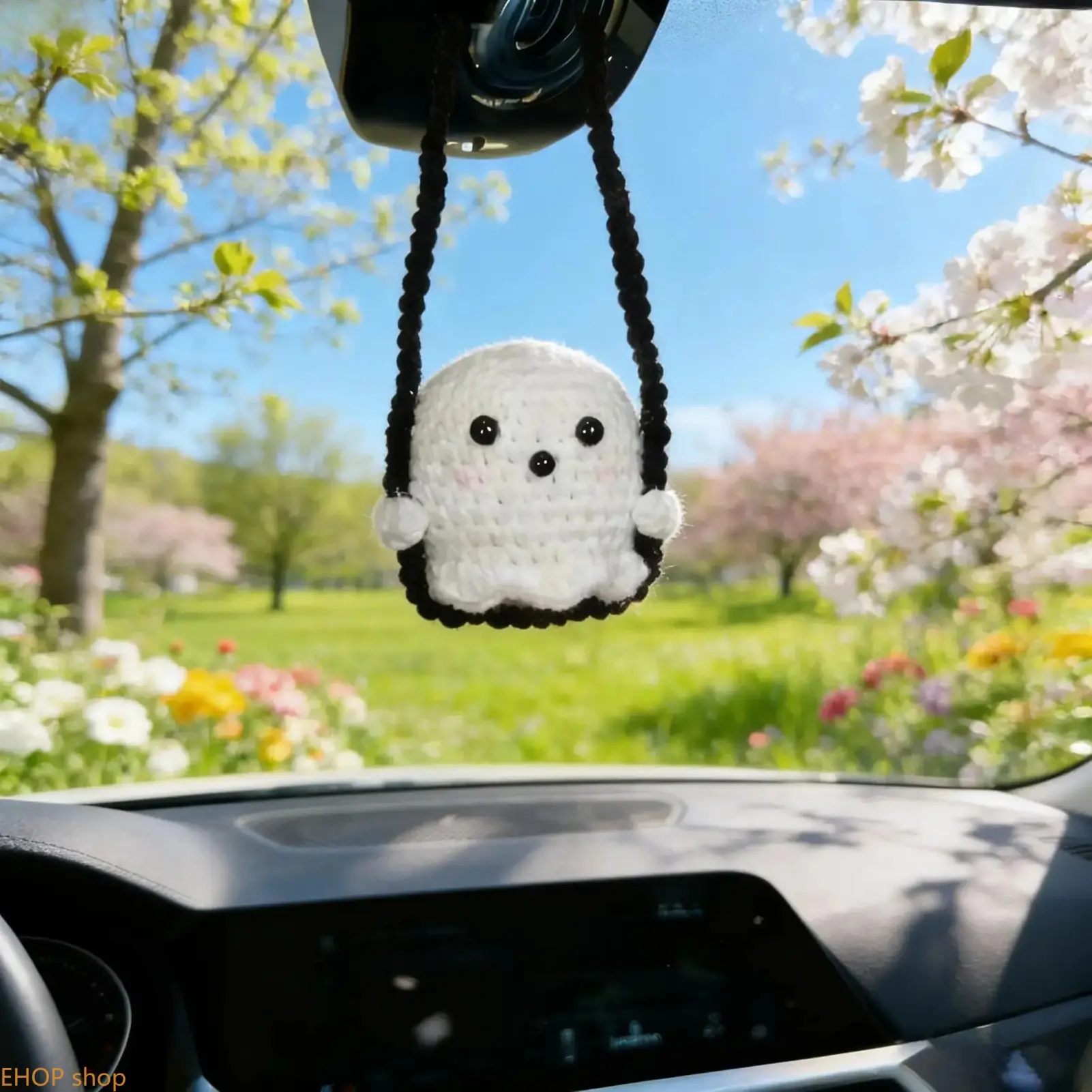 Handmade Crochet Ghost Pumpkin Car Mirror Hanging Charm - Soft Touch Cute Ghosts Unisex Amigurumi Ornament, Car Interior Accessories, Fall Halloween Vehicle Decor, Holiday Gift For Owners