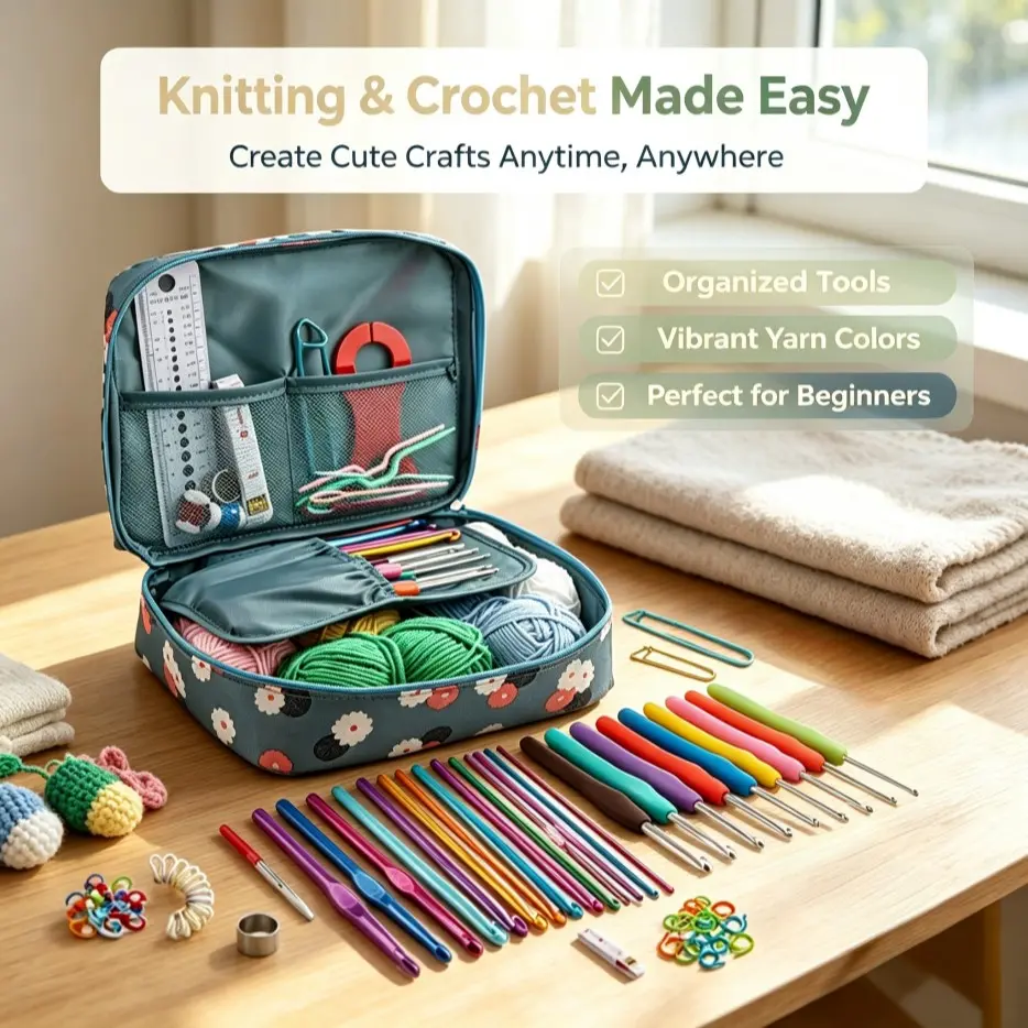 Beginner Crochet Kit with Hooks and Yarn, Portable Handmade Crafting Supplies, Complete Set for Beginners, Essential Crochet Materials