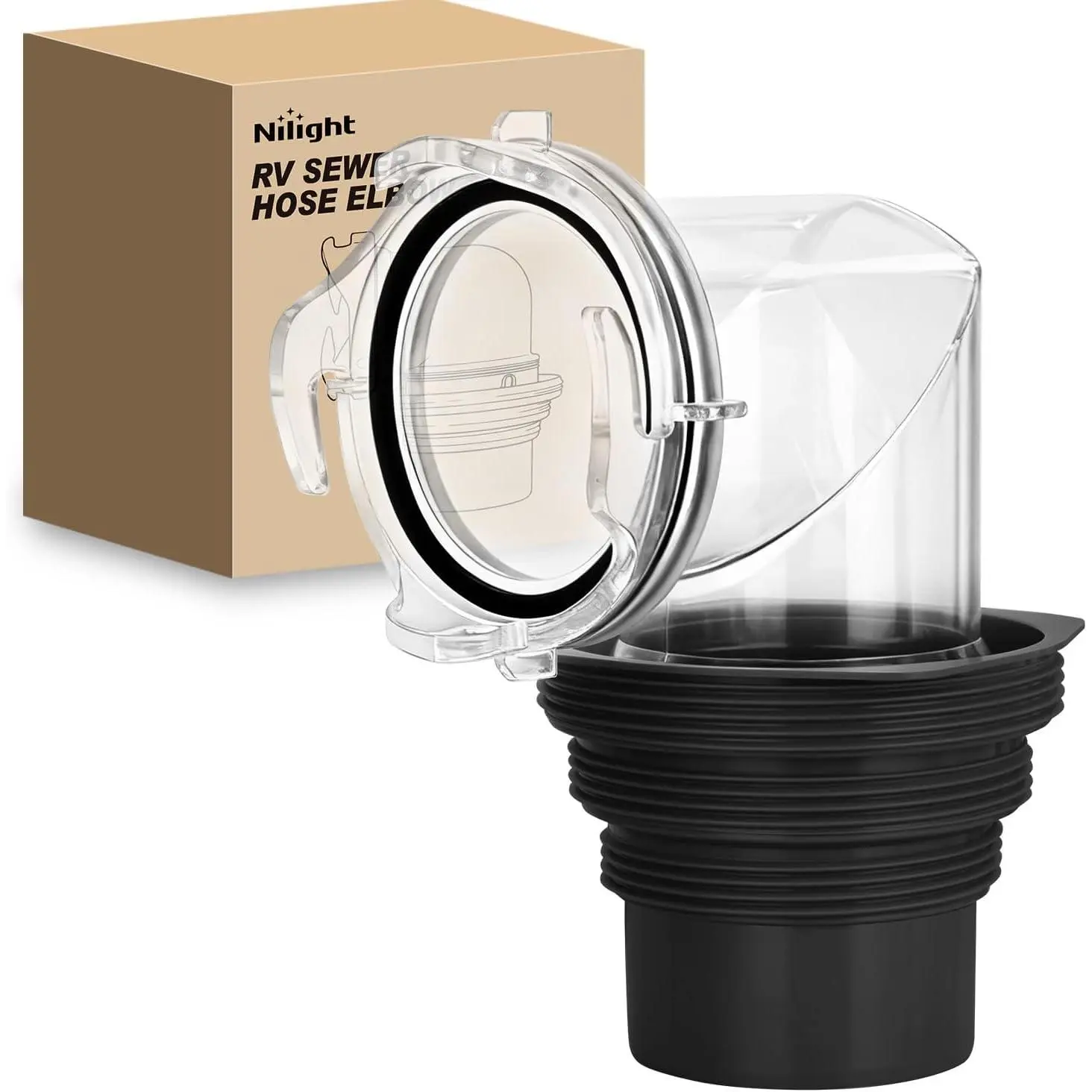 Nilight 90 Degree RV Sewer Hose Fittings with 4-in-1 Adapter, Clear RV Sewer Hose Elbow Leak-Proof Connection & Odor-Tight Seal Fits 4 Sizes of Dump Station Inlets for Campers Travel Trailers, Black