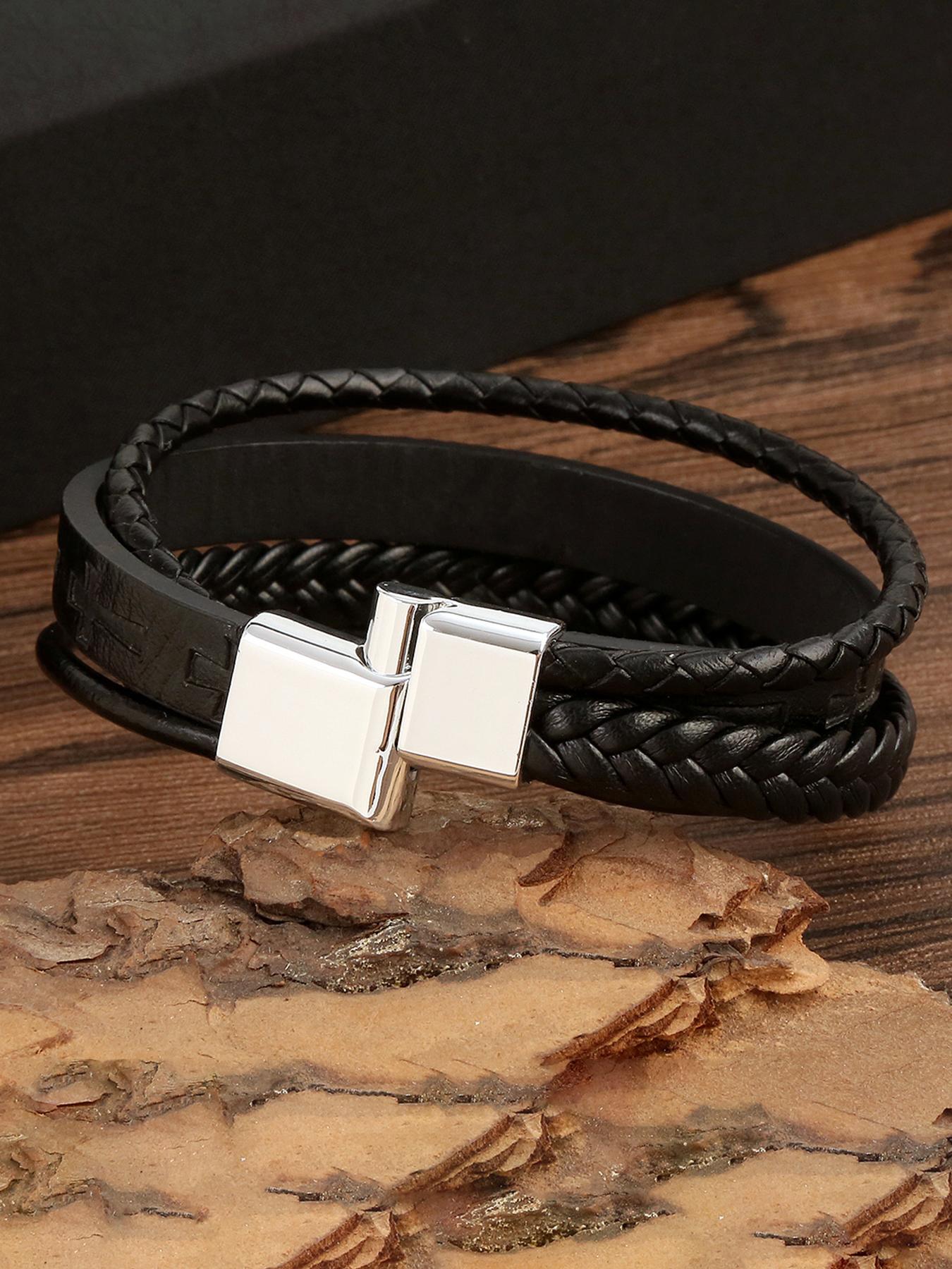 Men's Vintage Cross Design Braided Leather Bracelet, Street Style Party Jewelry Accessories, Daily Clothing Decor, Birthday Holiday Gift