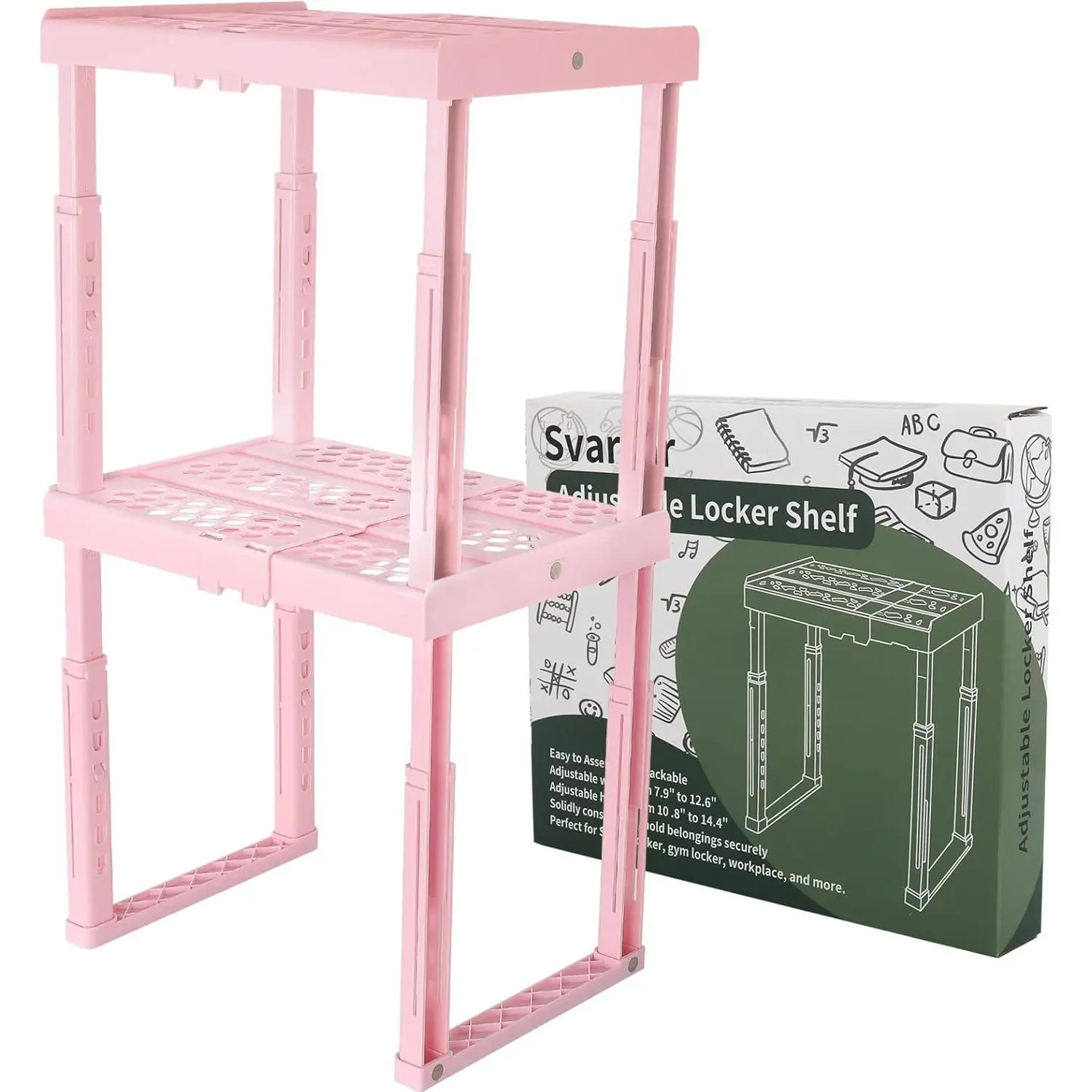 Locker Shelf Adjustable Height and Width, Pink Locker Organizer for Work, Stackable Locker Shelves Stand Tools for Gym, Back to School Accessories, Pack of 2
