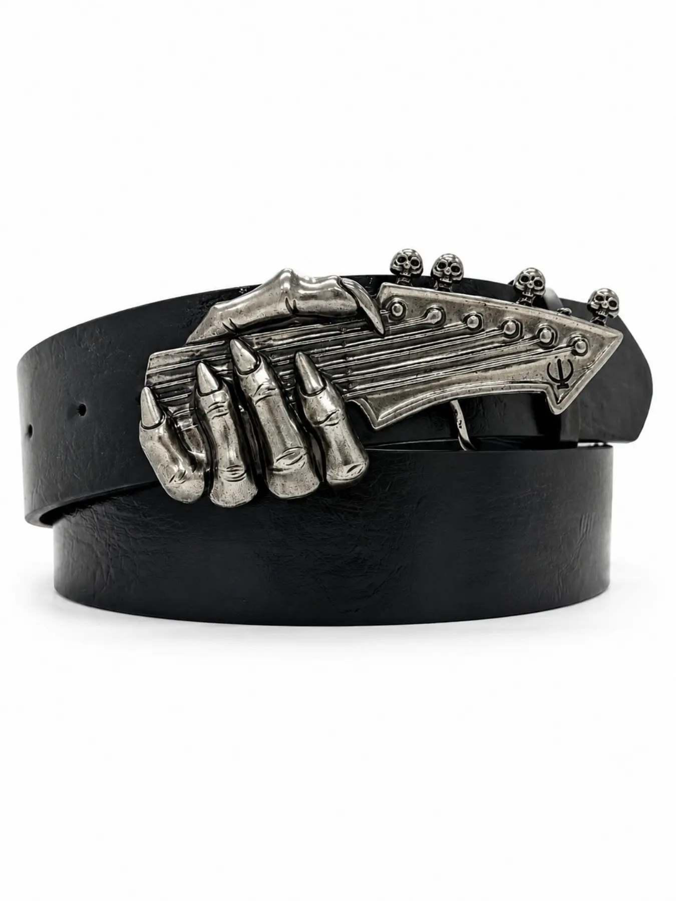 Ghost Claw Guitar Buckle Belt, Skull Hand Grab Guitar Design Metal Buckle, Punk Rock Style, PU Leather, Rhinestone Embellishment
