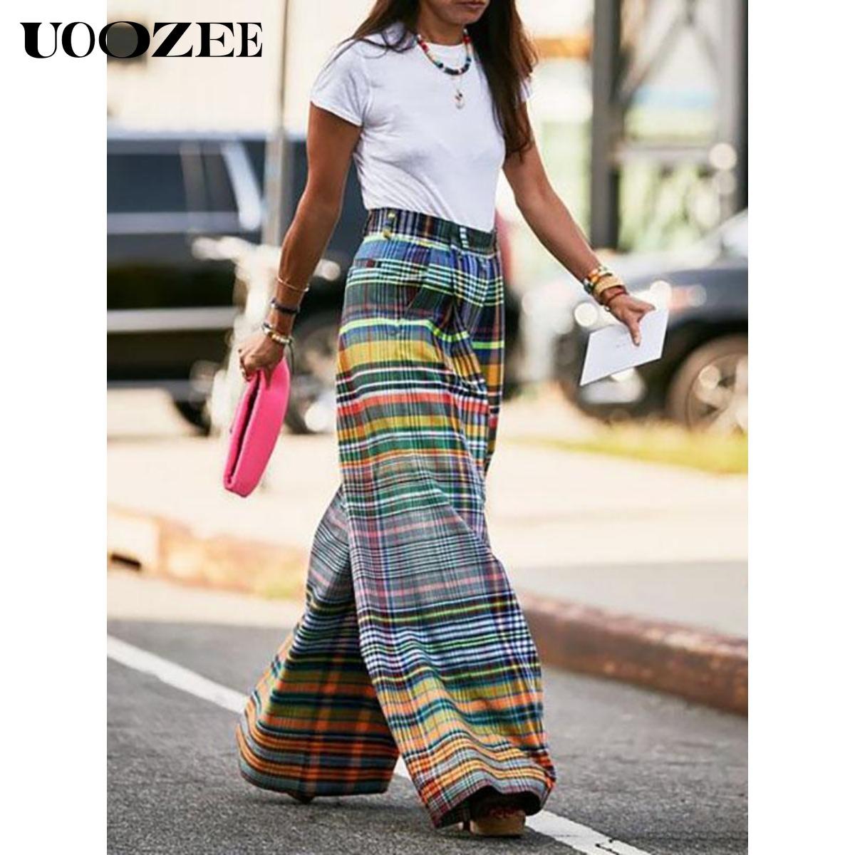 UOOZEE- LIVE Women's Loose Wide Leg Checkerboard Printed Casual Pants Bottoms Pants Baggy Womenswear
