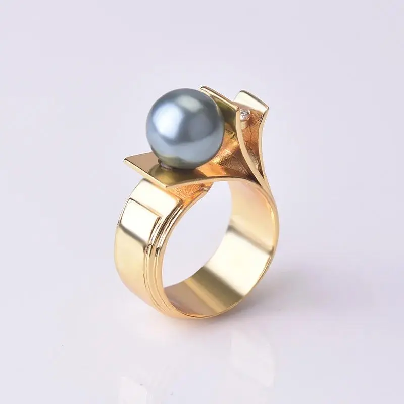 Foydjew New European and American Creative Geometric Green Pearl Rings Fashion 14K Gold Plated Wedding Engagement Ring For Women