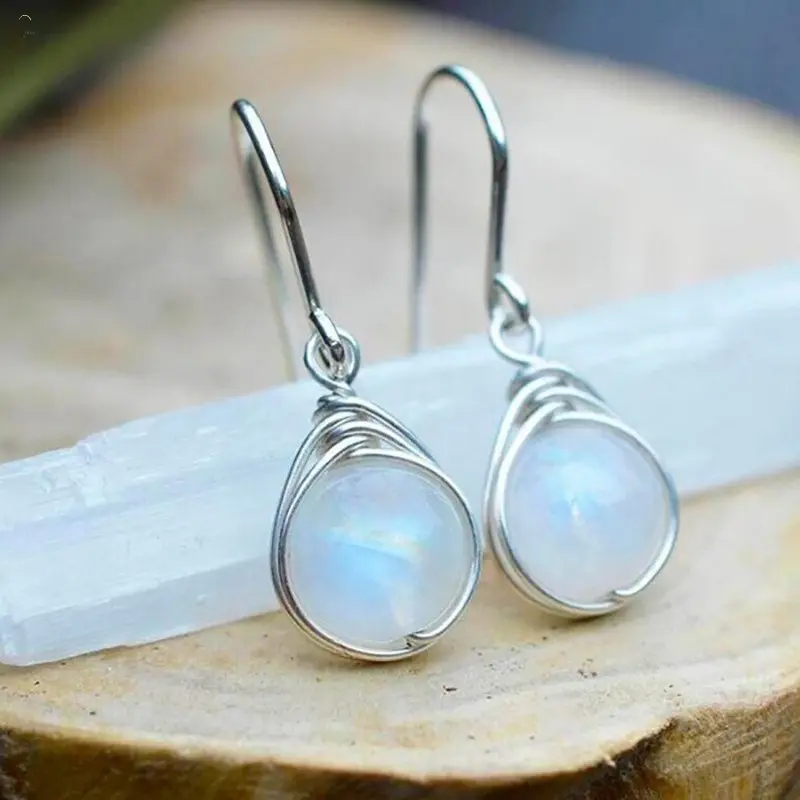 Vintage Wire Wrapped Teardrop Natural Stone Drop Earrings, Multi-Color Moonstone Crystal Dangle Earrings, Simple Minimalist Daily Wear Women’s Fashion Jewelry Gift