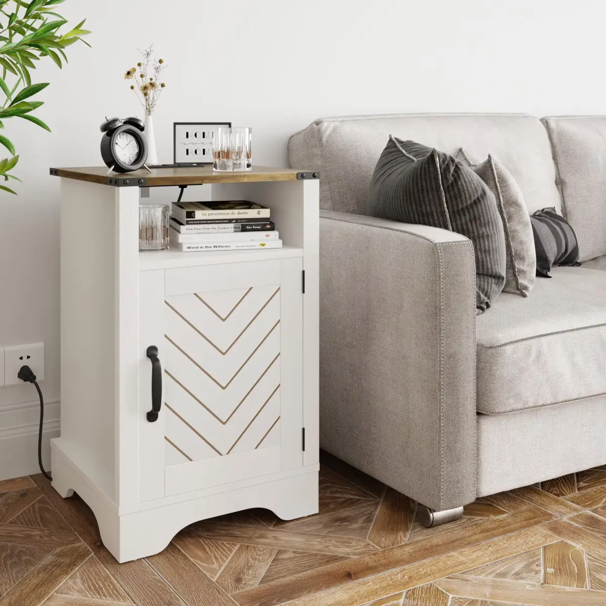 [Bellemave]Farmhouse Nightstand with Charging Station Wooden End Table for Bedroom, Living Room, 16" D x 16" W x 25" H(Set of 1), White and Rustic Oak On-Site