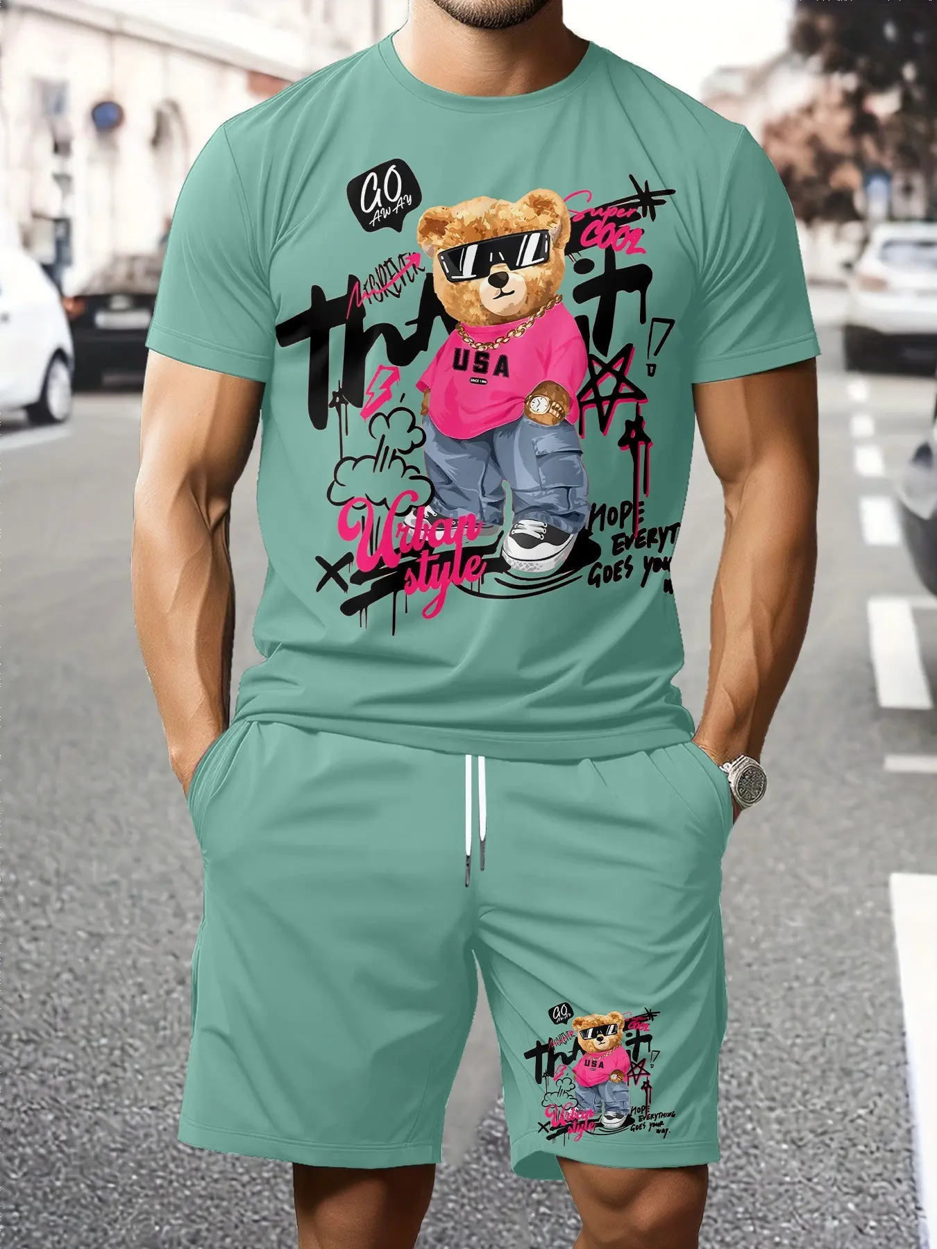Lazy style men's short sleeved suit, hand-painted trendy bear slogan print, dual-use for outdoor leisure