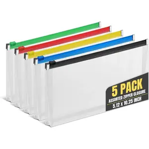 5 Pack Plastic Zipper Filing Envelopes, Moisture Resistant, Fits Letter & Check Size, Assorted Colors