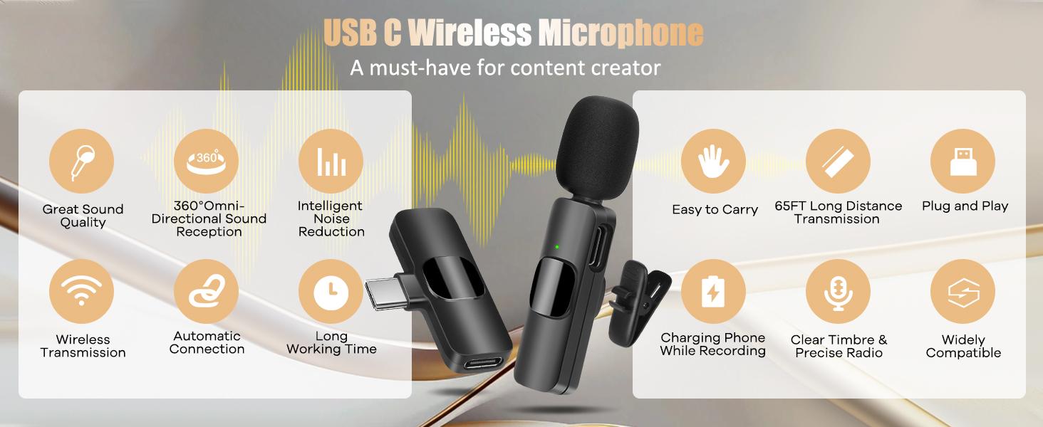 2 Pack Wireless Lavalier Microphone for iPhone 15, USB C Android Phone, Laptop, Tablet, PC, Type-C Mini Lapel Mic with Noise Reduction for Vlog Video Recording Content Creator TikTok Youtube Podcast : Musical Instruments
