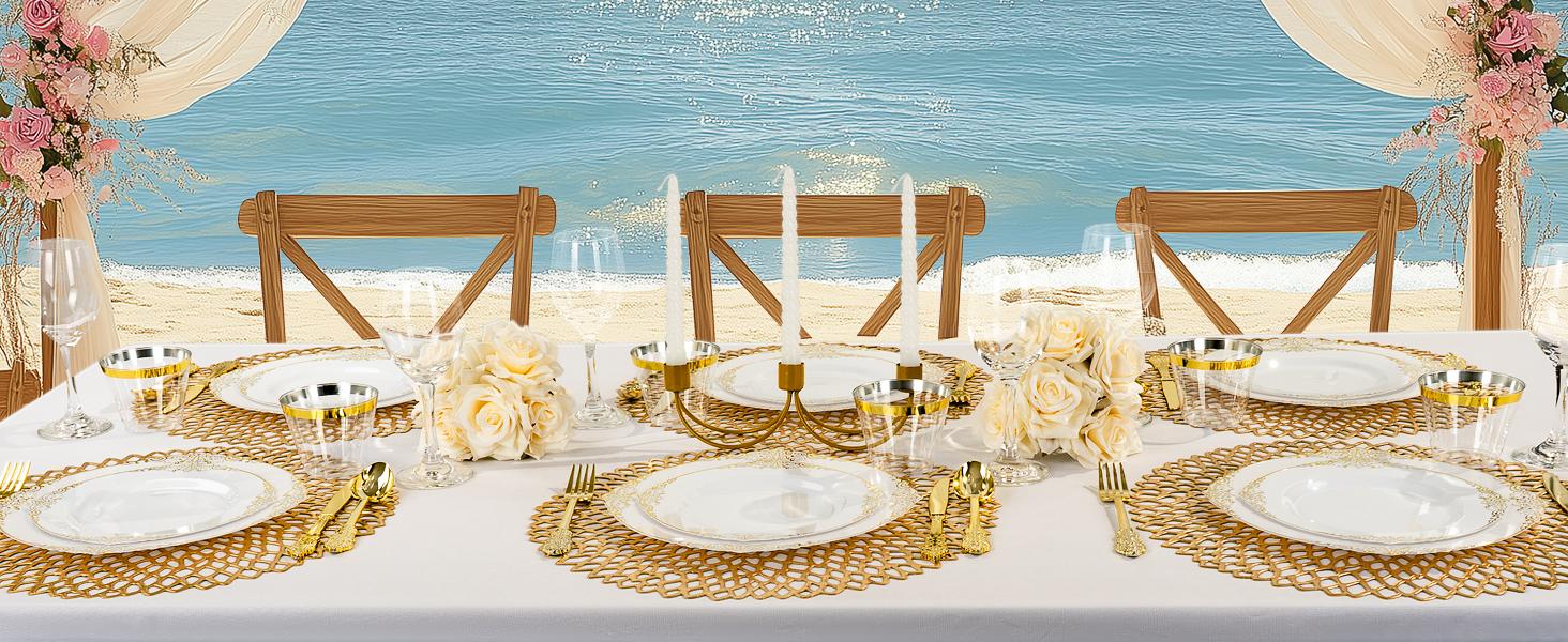 Bestluck 175PCS Gold Plastic Plates for 25 Guests, Disposable Dinnerware Sets Include 50 Gold Rim Plastic Plates, 25 Silverwares, 25 Cups, and 25 Pre Rolled Napkins for Party, Wedding and Graduation Bestluck 175PCS Gold Plastic Plates for 25 Guests, Disposable Dinnerware Sets Include 50 Gold Rim Plastic Plates, 25 Silverwares, 25 Cups, and 25 Pre Rolled Napkins for Party, Wedding and Graduation