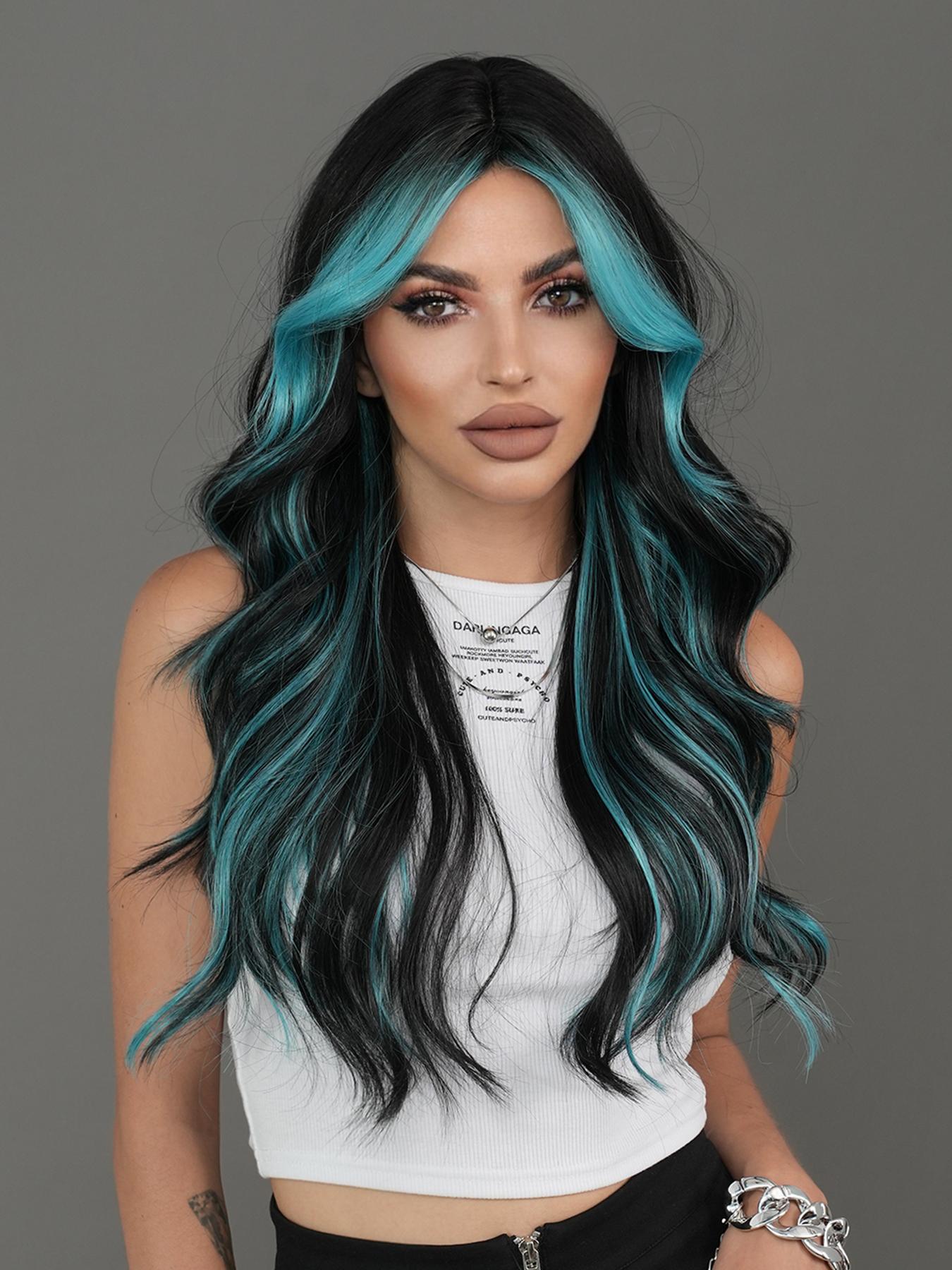 26 Inch Long Body Wavy Pre Styled Synthetic Hair Wig for Women, Natural Looking Fluffy Synthetic Fiber Wavy Texture Wig with Curtain Bangs, Full Machine Highlight Loose Wave Wig for Party, Daily Use, Highlight Brown Wig, Synthetic Wavy Hairstyle