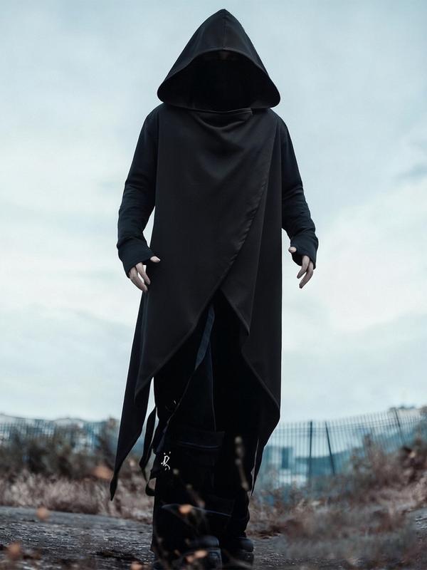 Men's Black Hooded Cyberpunk Maxi Coat – Asymmetric Design, Stylish Outerwear for Street Fashion & Cosplay