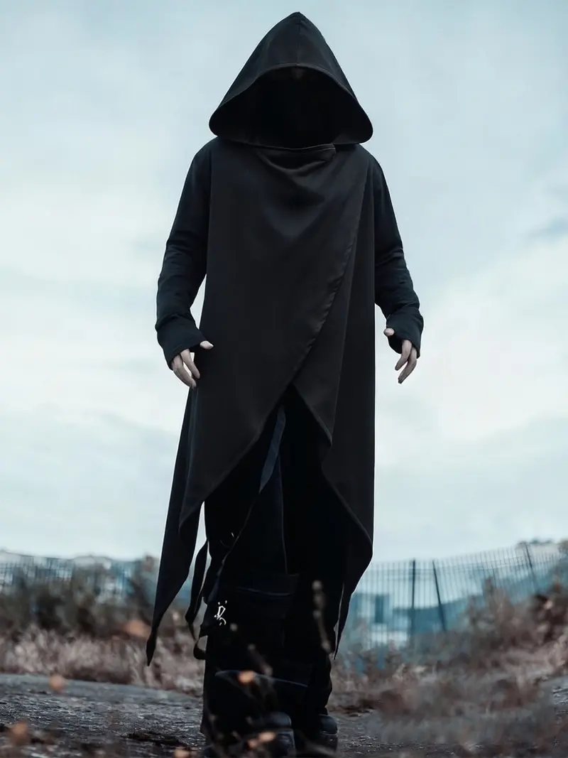 Men's Black Hooded Cyberpunk Maxi Coat – Asymmetric Design, Stylish Outerwear for Street Fashion & Cosplay