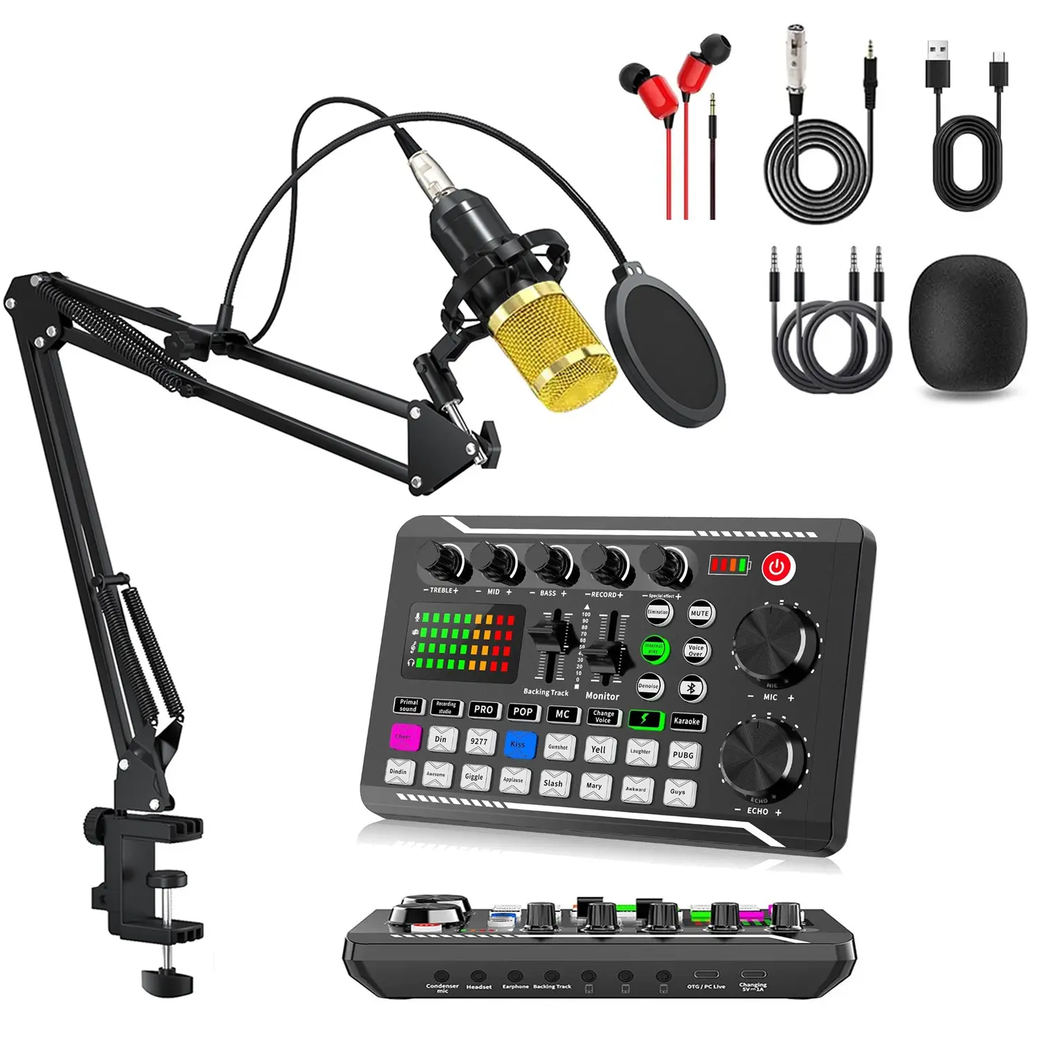 F998 DJ mixer audio interface+BM-800 condenser microphone set | 9 scene modes, multiple special effects sounds, 3 3.5mm+1 TYPE-C live streaming ports, sound jumping and lighting, mature and stable | Suitable for live sound cards,musicians,content creators