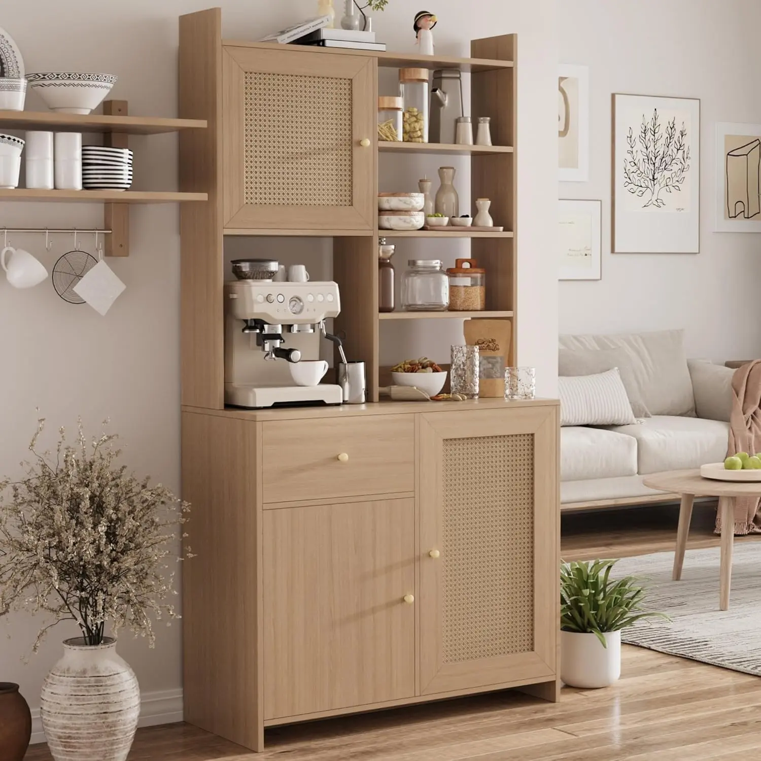 Modern Farmhouse Kitchen Pantry Cabinet – 71'' Tall Storage Hutch Buffet with Adjustable Shelf, Spacious Storage, and Microwave Stand for Dining or Living Room