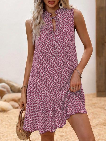 Women's Geometric Print Bow Dress, Casual Fitted Woven Dress, All-Seasons Wear, Multi-Layered Cake Skirt Design, Summer