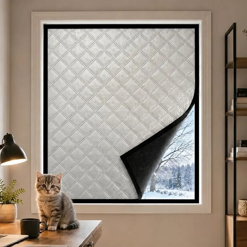 Winter Thermal Insulated Window Curtain, Self-Adhesive No Drill Window Cover, Quilted Reflective Cold Draft Blocker, Heat Insulation Blackout Curtain for Bedroom, Living Room and Balcony