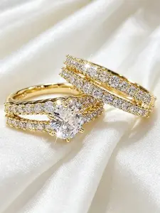 2pcs/set Bridal Wedding Rings 6 Prong Setting Synthetic Zirconia Rings for Women Engagement Proposal Jewelry Gift (no box)