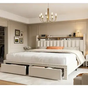Bed Frame with 2 Storage Drawers, Bedframe with Headboard and Shelves, Upholstered  Bed Frame for Queen, King, Full, Twin, NO Noise, No Box Spring Needed, Beige, Gray