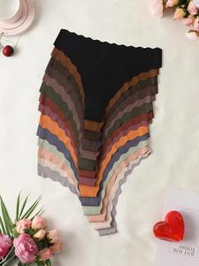 fall women's solid color scallop trim thong, casual soft comfy pastel breathable comfortable seamless curvy panties for daily wear, regular fit underwear seamless stitching for women, women underwear, panties for women, thongs