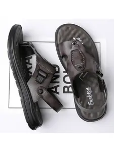 Men's 2-in-1 Convertible Thong Sandals, Adjustable Back Strap Faux Leather Non Slip Outdoor Summer Slides