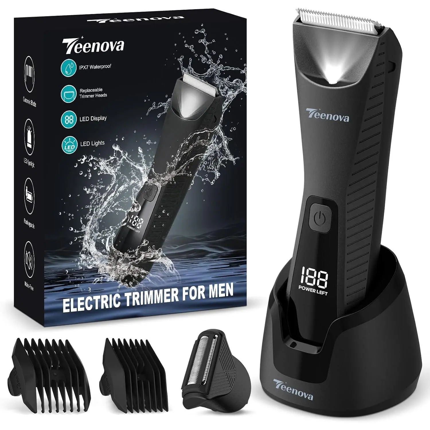 Pubic & Body Hair Trimmer for Men, 2 In 1 Electric Ball Groin Razor Shaver with Ceramic Blade, No Nick Mens Grooming Kit for Wet/Dry Use, Cordless Charging Body Groomer with Led Display, Black