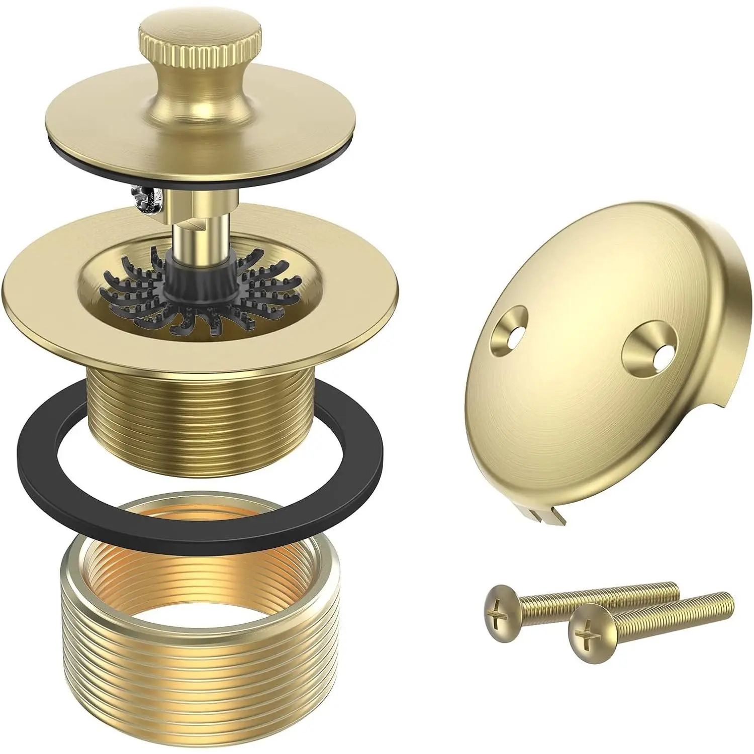 Brushed Gold All Brass Lift and Turn Bathtub Drain Conversion Trim Kit, Replacement Tub Drain Assembly with Two-Hole Overflow Faceplate