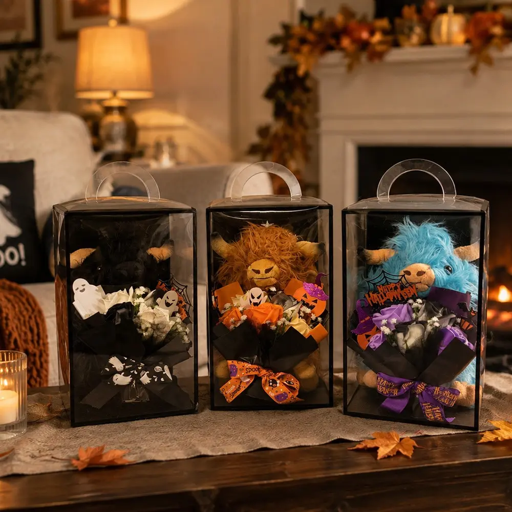 Halloween Highland Cow Plush Doll Flower Bouquet Gift Box, Creative Handheld Transparent Gift Box, Festival Surprise Gift, Home Party Decoration, Multi-Color Options