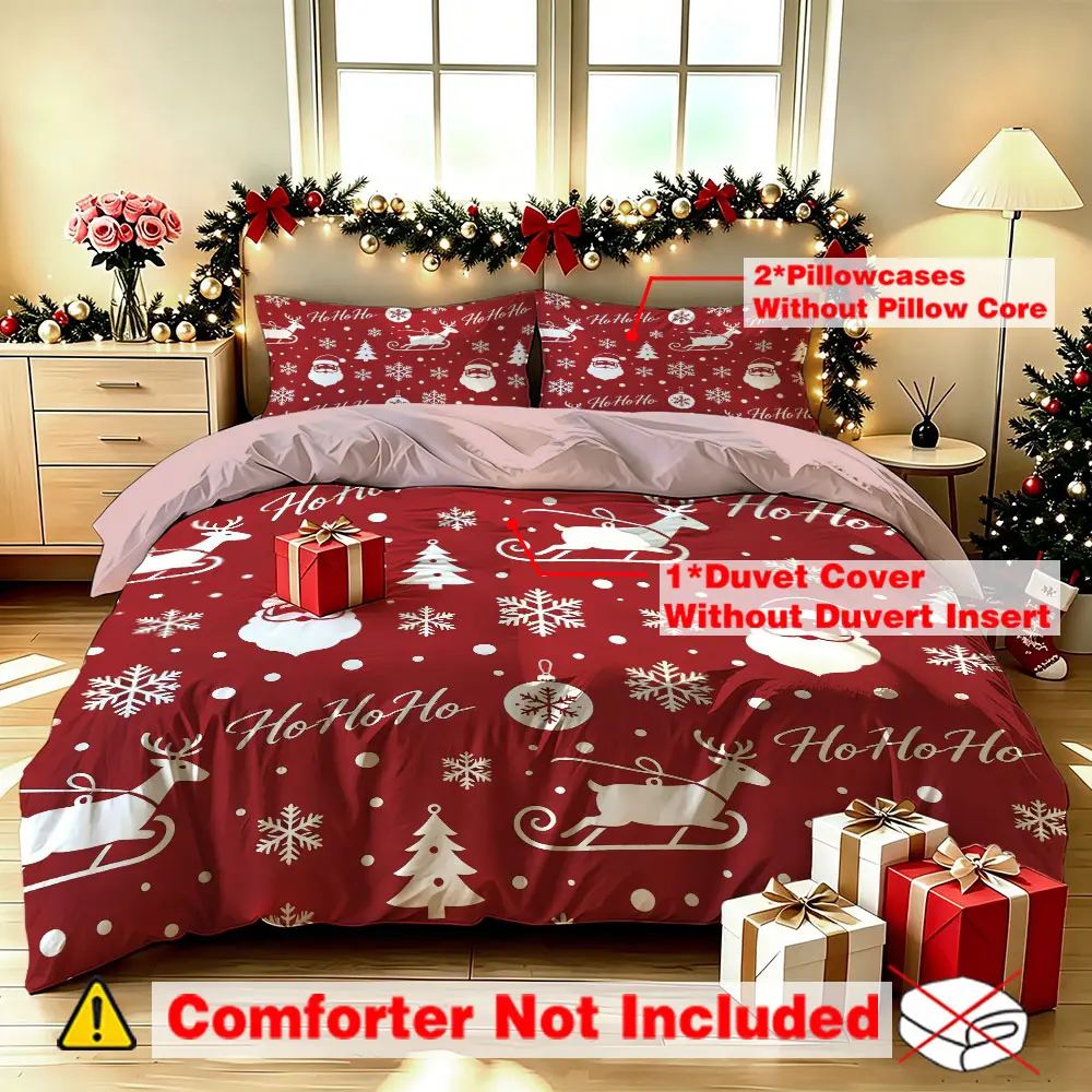A set of 3 red Christmas-themed bedding sets (one bedding cover and two pillowcases), unstuffed, suitable for single beds and double beds, ideal for bedrooms, student dormitories, and e-sports hotels, and perfect for gift-giving