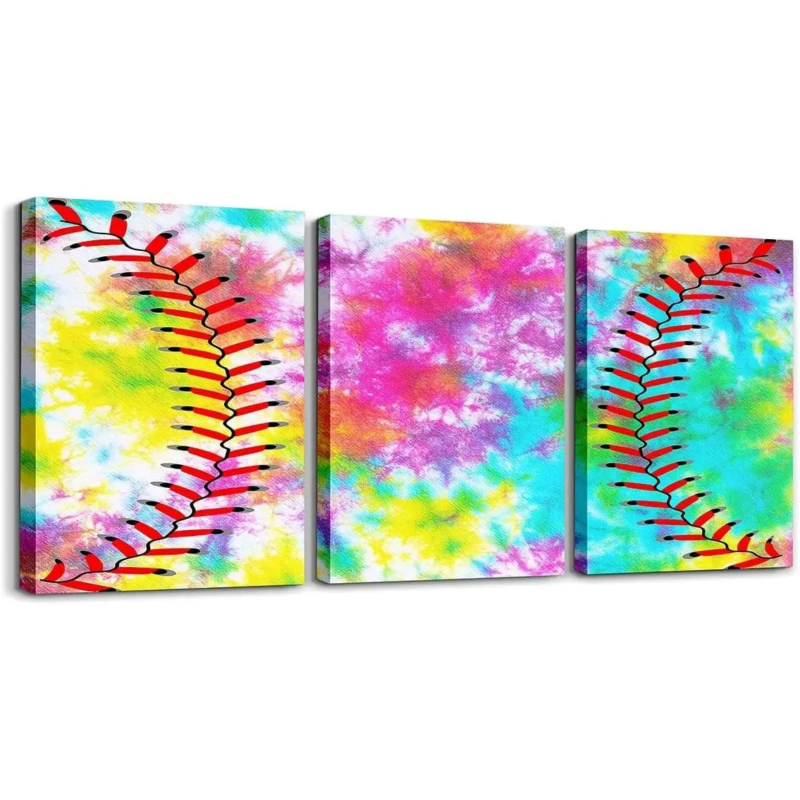 3-Piece Baseball Softball Canvas Wall Art - Colorful Tie Dye Sports Print for Kids Boys Girls Room Living Room Decor, 12x16 Inch